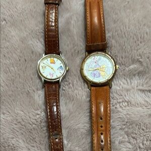 Pair of Cartoon Dial Watches with Brown Straps